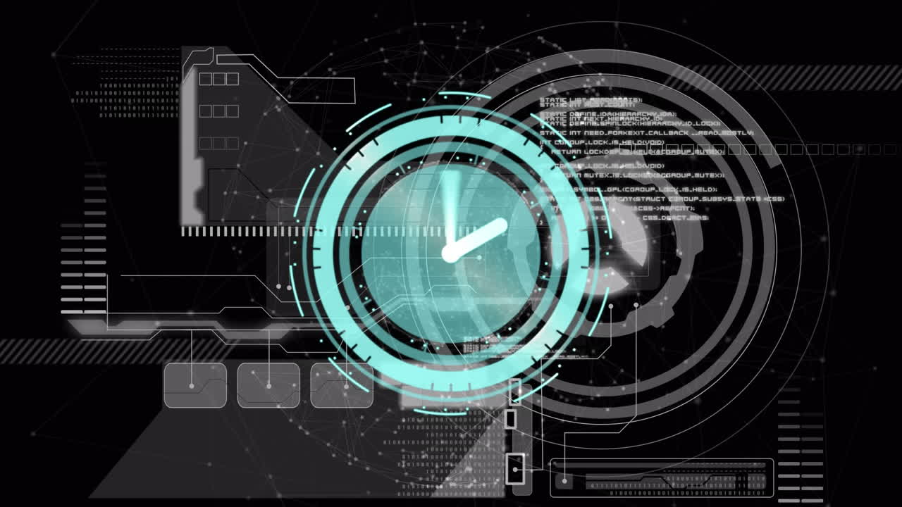 Animation of clock with turning hands over digital interface with data processing on black