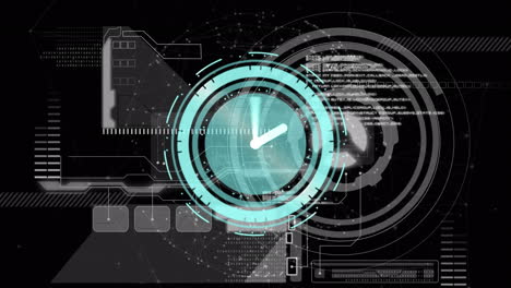 animation of clock with turning hands over digital interface with data processing on black