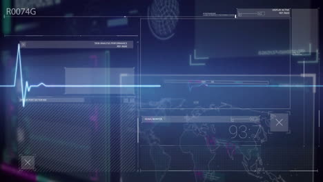 Heartbeat monitor animation over digital world map and data interface