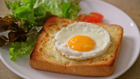 homemade bread toasted with cheese and fried egg on top with vegetable salad for breakfast