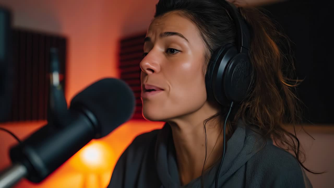 Donna che registra le parti vocali in studio