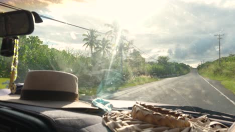 first person view interior of car like a das cam of beautiful hawaiian road surrounded by greenery and palm trees