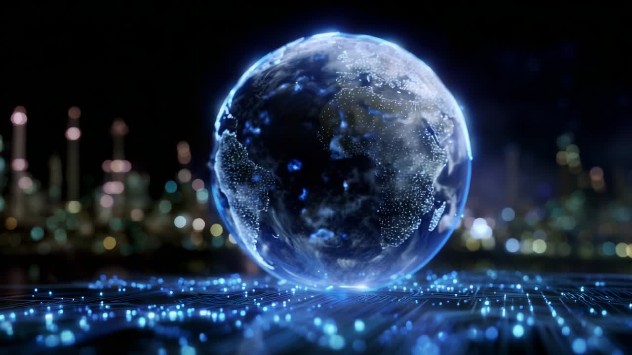 A Stunning Digital Representation of Earth Glowing in a Nighttime Cityscape, Highlighting Its Geographical Features and Illuminated with Futuristic Binary Patterns, Showcasing a Blend of Nature and Technology