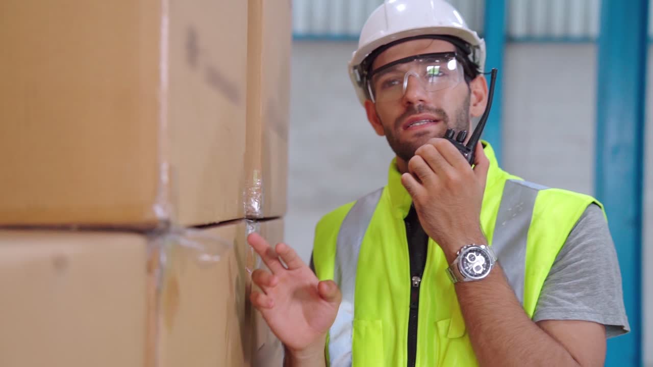 trabajador de carga profesional habla por radio portátil para comunicarse con otro trabajador