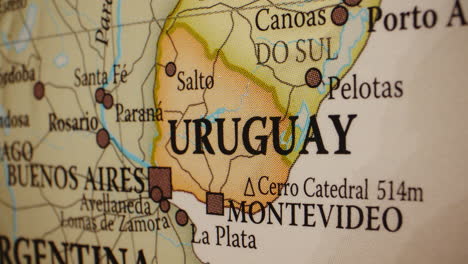 A close-up view of Uruguay and surrounding countries on a world map