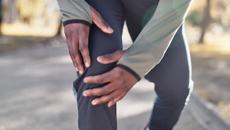 knee pain, hands and running person with training