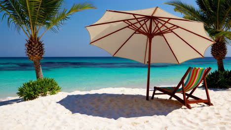 tropical beach scene with umbrella and palm trees