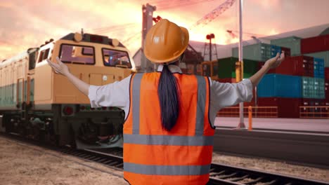 back view of a female engineer with safety helmet spreading arms with freight cargo train at port