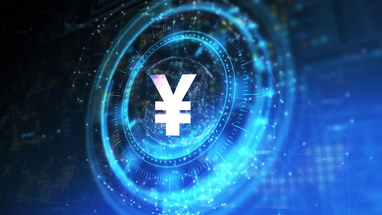 파란색과 검은색 디지털 공간 위에 회전하는 엔을 가진 처리 원의 애니메이션