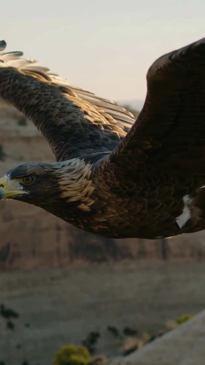 Vertikales Video: Von links kommend, großer Adler gleitet tief über Sandsteinkante, Kamera verfolgt
