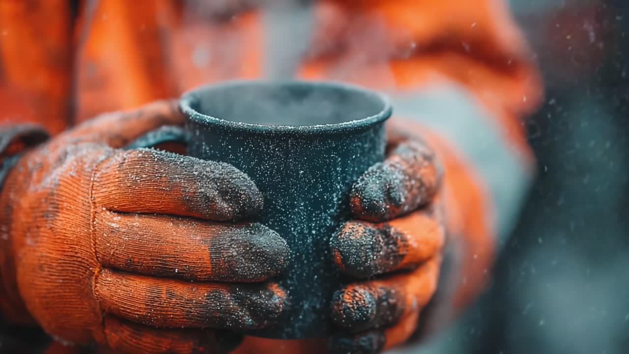 A Worker Embraces Warmth in the Cold: Close-Up of Gloved Hands Holding a Steaming Mug Amidst Snowy Conditions