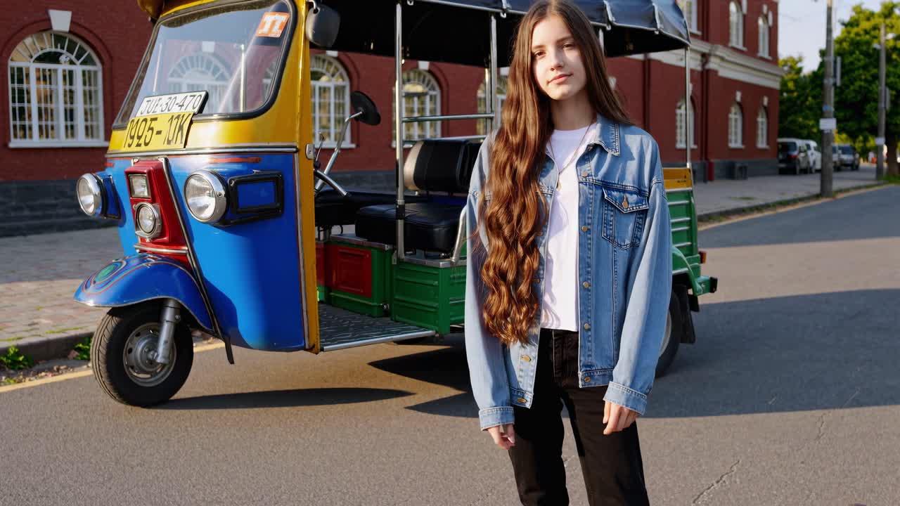 Young woman stands confidently beside colorful auto rickshaw, showcasing vibrant street scene with natural light and urban backdrop, capturing a moment of youthful energy