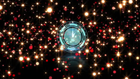 animation of clock with moving hands over glowing stars on black background