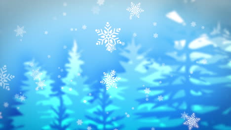Blauer-Weihnachtshintergrund,-Schnee-Fällt-über-Kiefern