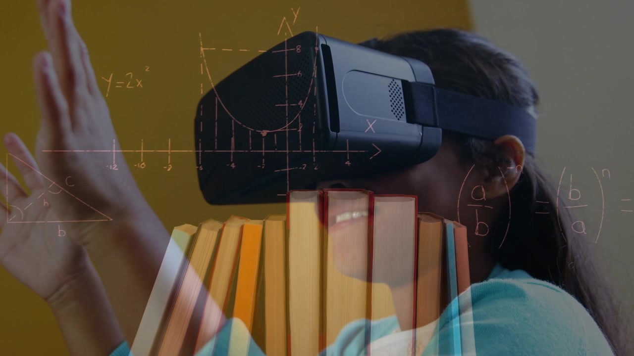 Animation of mathematical formulas over schoolboy using vr headset