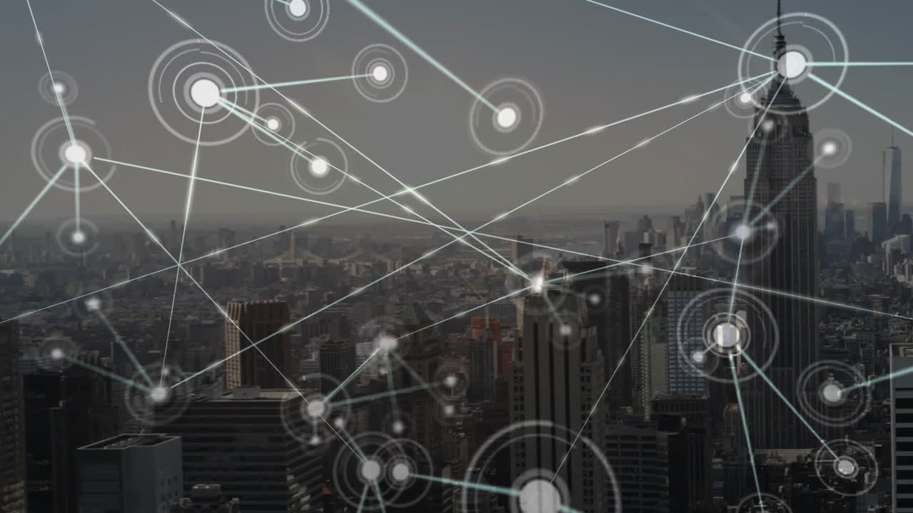 Central HUD node appearing, pulsing and spawning links and hubs, mapping city rooftop network