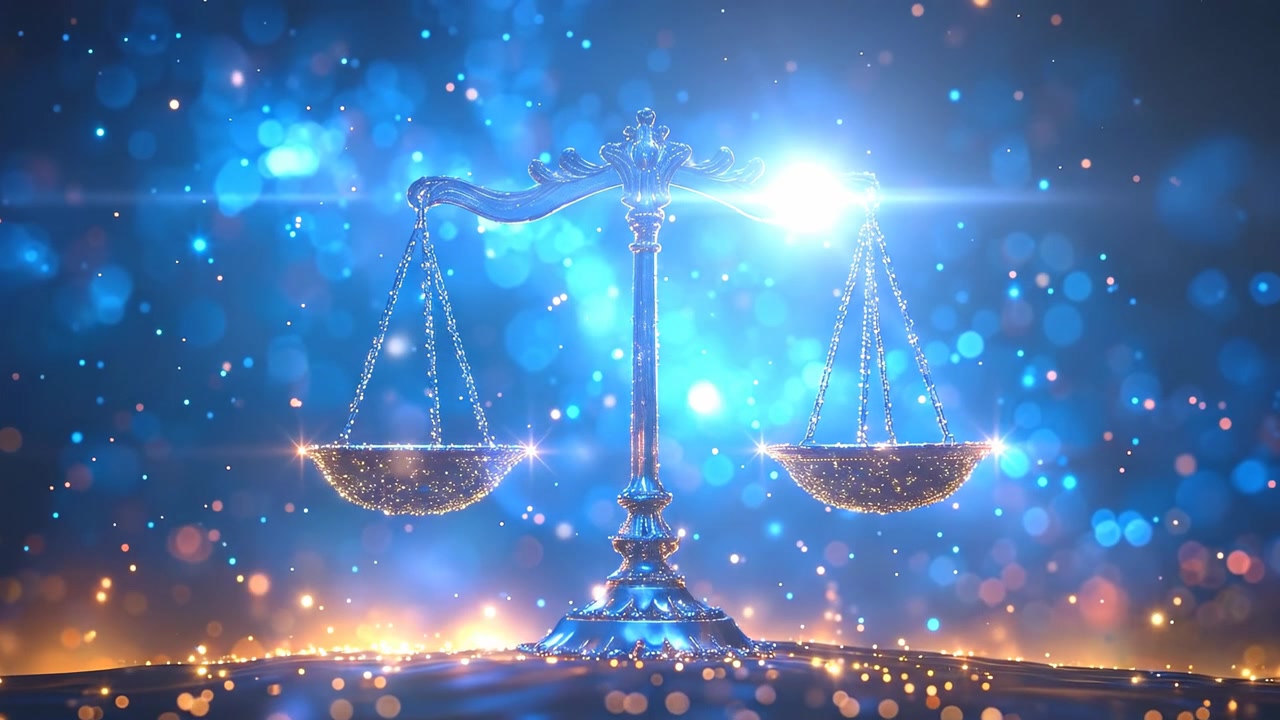 Bilancia della giustizia blu luminosa circondata da luci bokeh dorate. Bilancia simmetrica illuminata da luce blu su una superficie scura con particelle d'oro scintillanti.