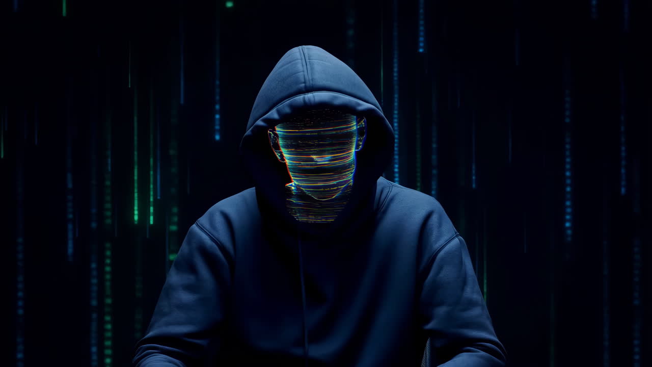 Hacker with Glitchy Face in Digital Code Environment