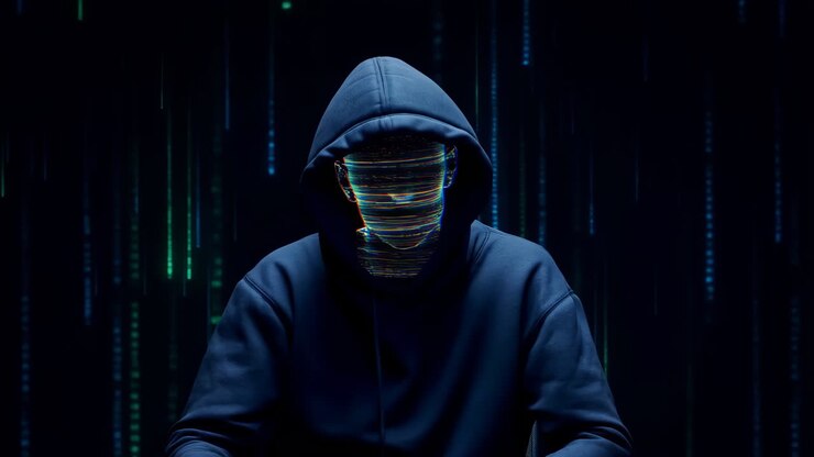 Hacker con volto glitchato in un ambiente di codice digitale