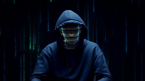 hacker with glitchy face in digital code environment