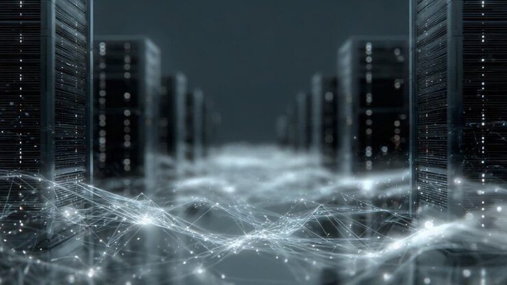 A Stunning Perspective of a High-Tech Data Center with Networks and Servers Illuminating the Digital Landscape, Showcasing Technology and Connectivity