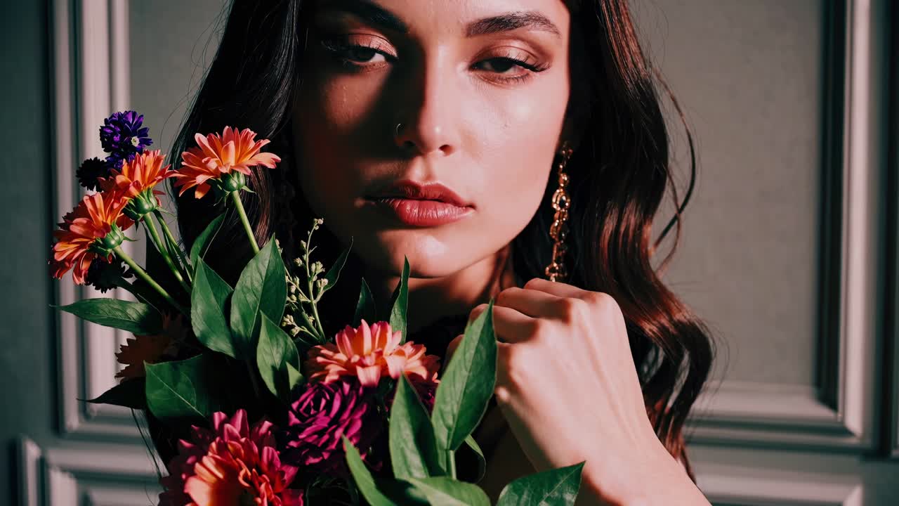 Glamorous fashion model holding vibrant floral bouquet during stylized studio photoshoot, displaying elegant portrait with changing light and artistic image filters