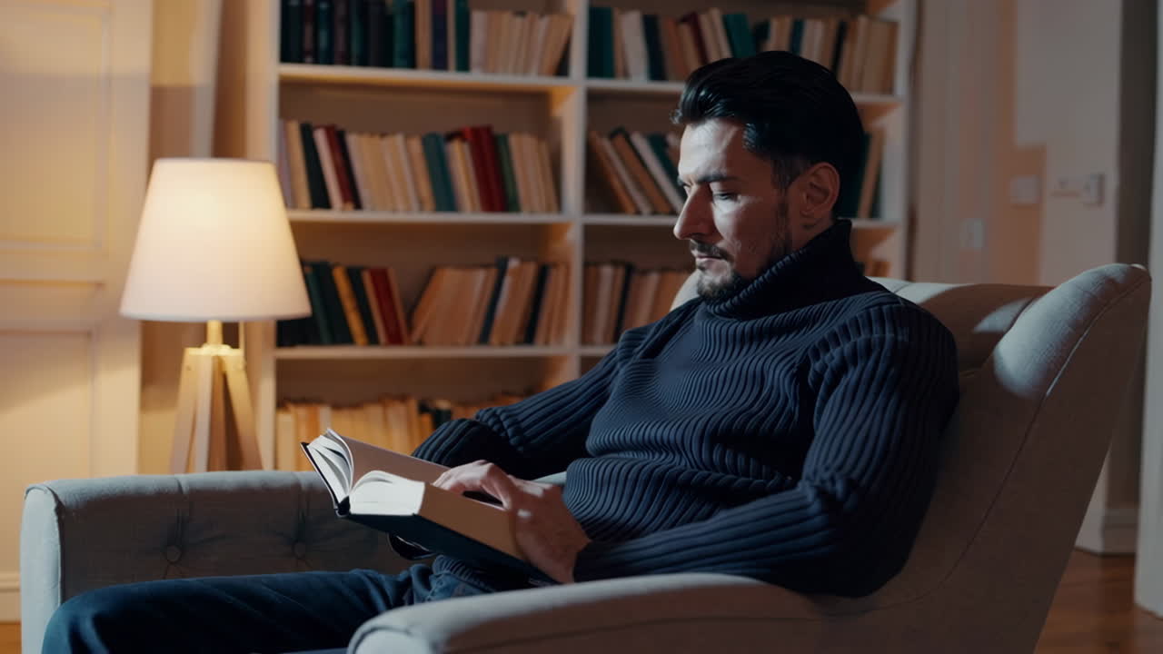 Un homme lisant dans un fauteuil de bibliothèque, la nuit.