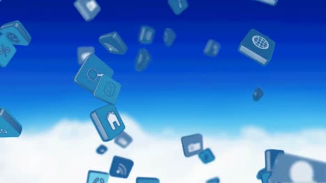 animation of digital icons floating over clouds and sky landscape