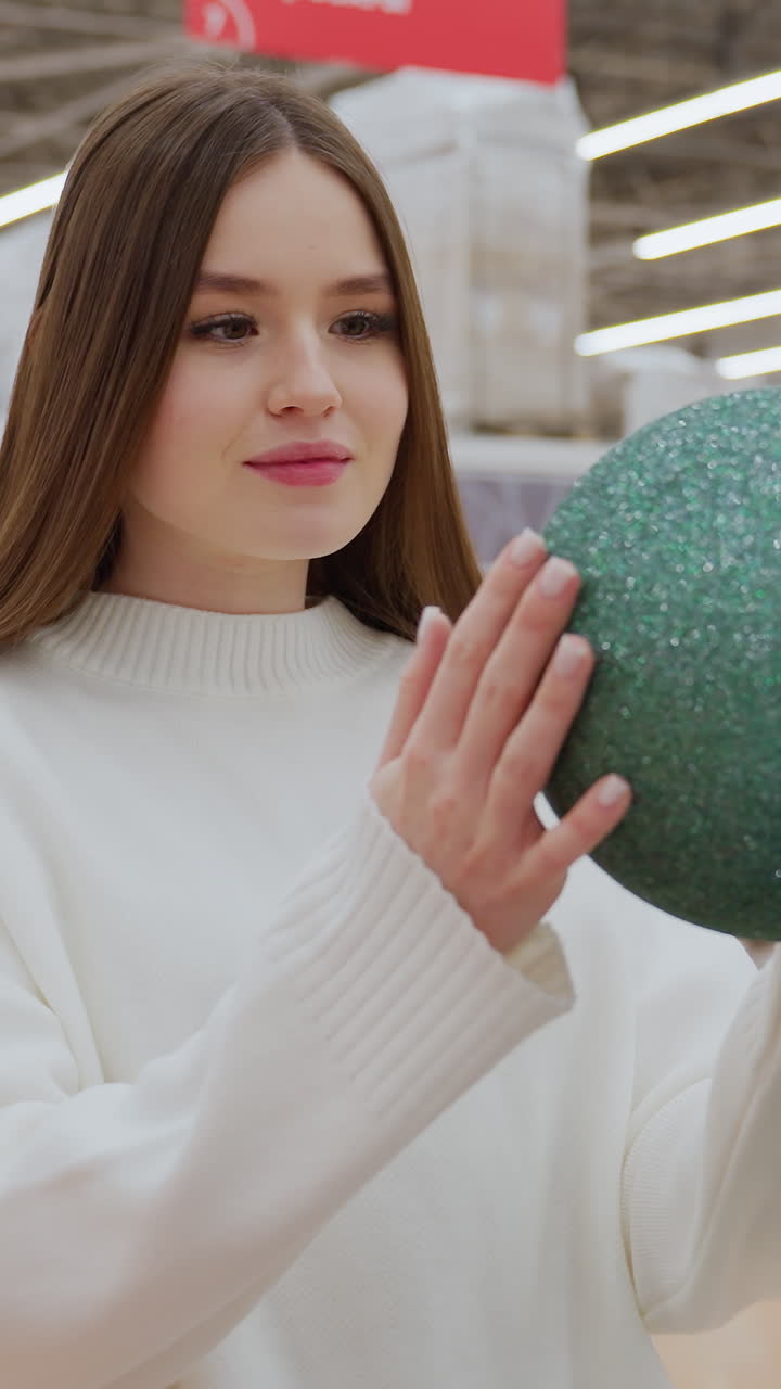 Lady holding a green shimmering Christmas ball decor, admiring it in a beautifully decorated store, with other shoppers visible in the background