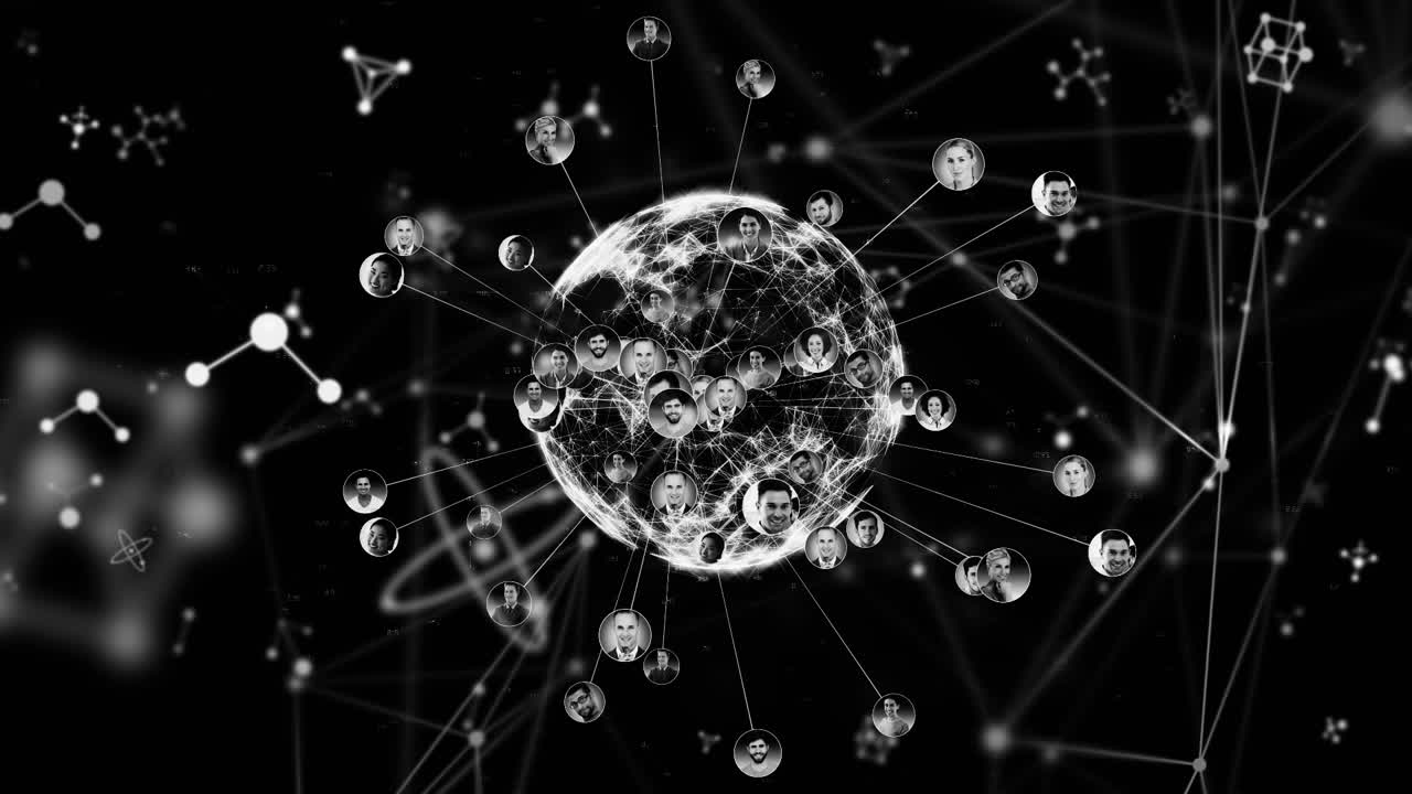 검은색 배경 위에 사람 아이콘이 있는 지구의 애니메이션