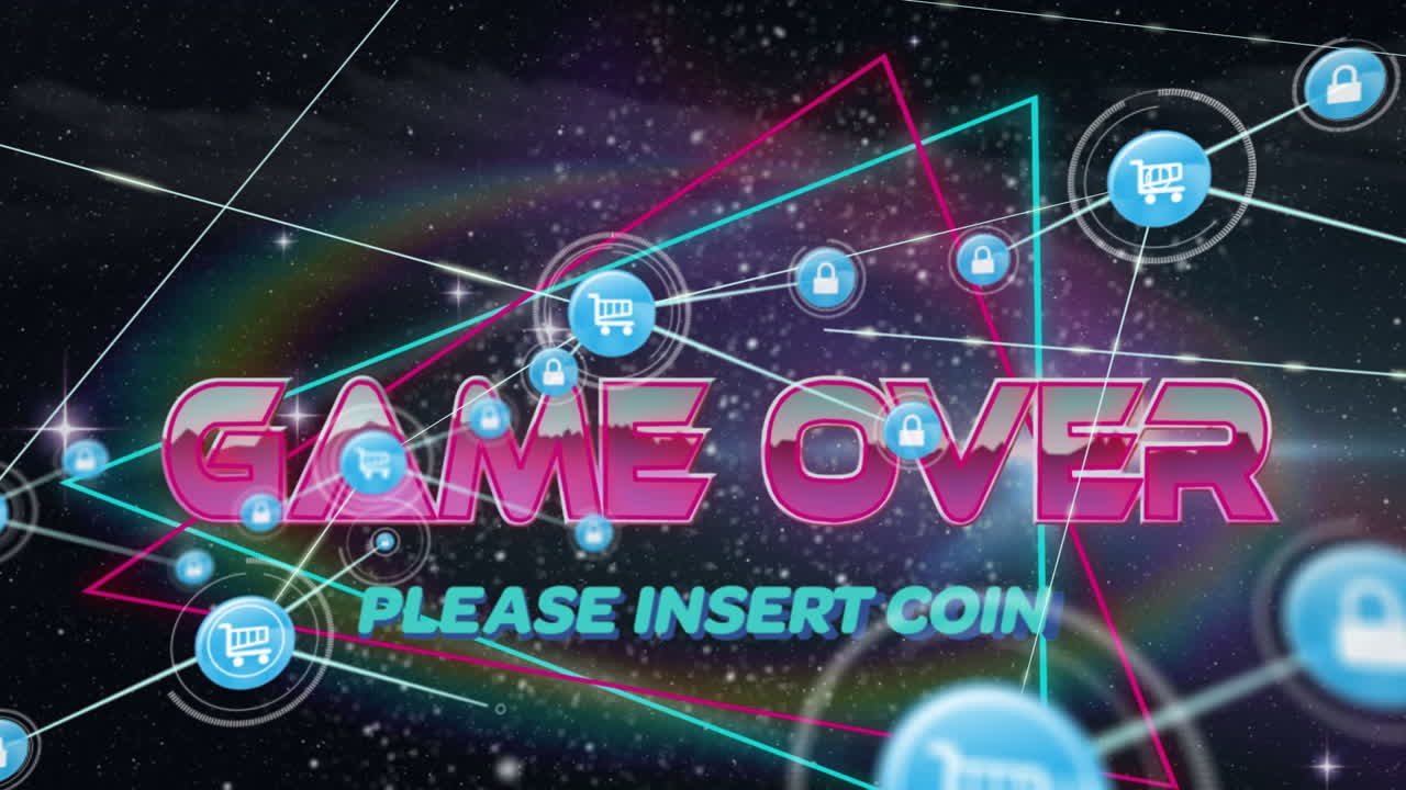 게임 위에 텍스트 위에 아이콘을 가진 연결 네트워크의 애니메이션