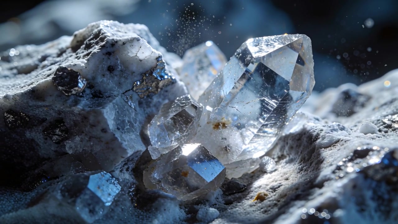 Light shifting and camera moving revealing clear quartz cluster in studio, with host rock and motes