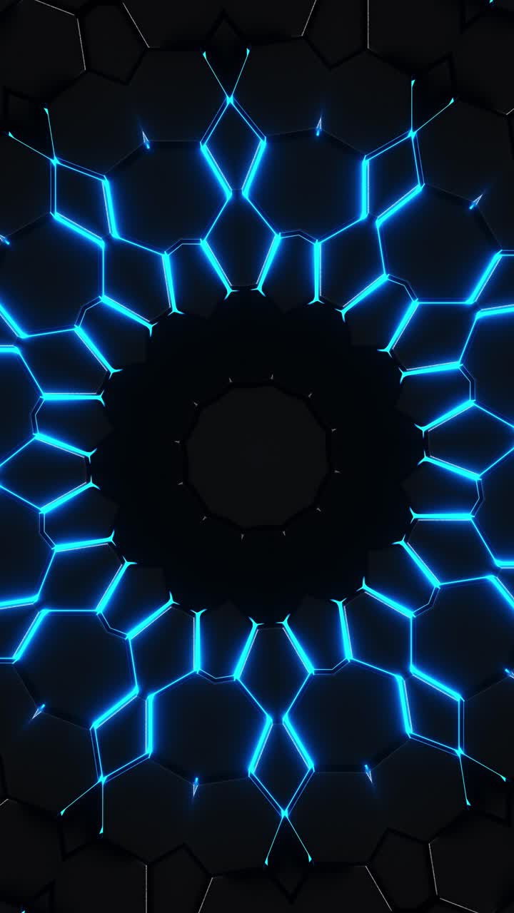 Black background with blue lights and circular hole. Kaleidoscope VJ loop Vertical