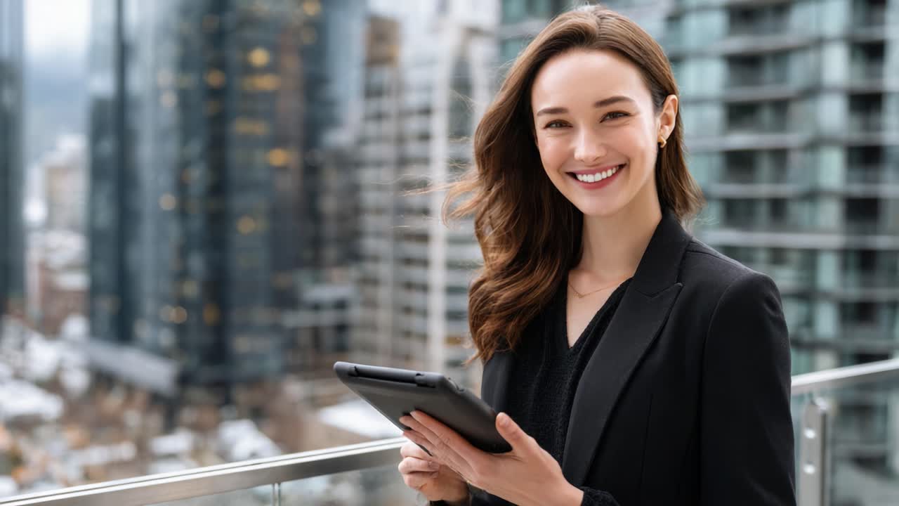 Uma mulher profissional envolvida em comunicação digital em uma varanda na cidade, demonstrando confiança com um tablet na mão, pronta para compartilhar ideias e se conectar com colegas