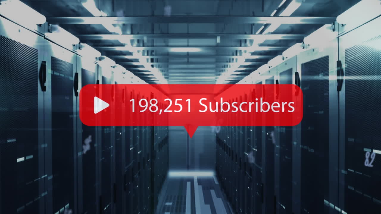 Animation of play icon with increasing subscribers and multiple numbers against computer server room
