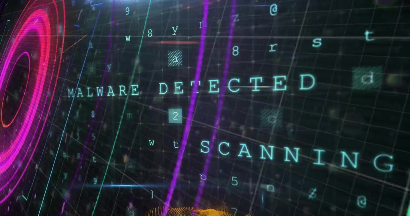 Animation of virus warning and data processing over black background