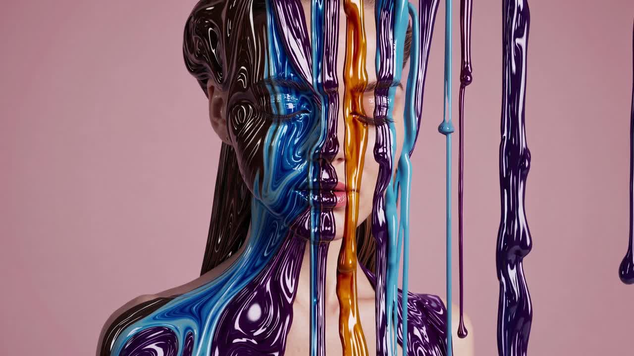 Colorful paint dripping down a model's face and body, creating a surreal and artistic portrait with closed eyes against a vibrant pink background, evokes a dreamlike atmosphere