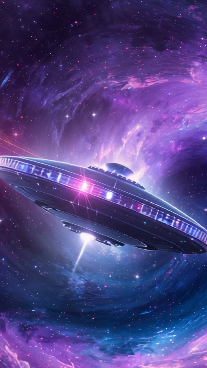 Vertical video: Entering nebula UFO drifting in purple blue clouds, shooting down beam, copy space