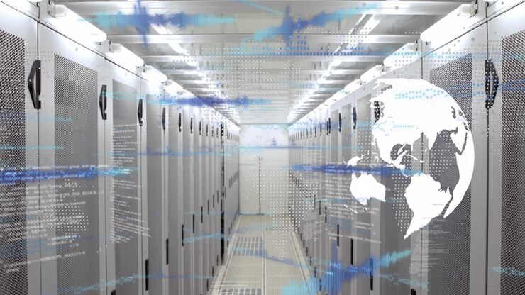Animation of globe and data processing over computer servers