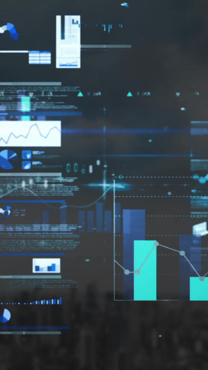 Animation of multiple graphs and trading board over cityscape against cloudy sky