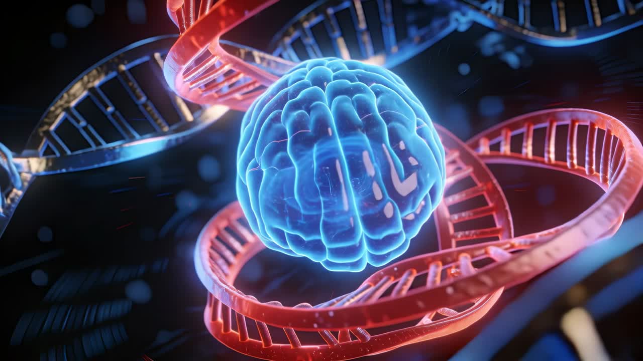 La telecamera si avvicina, un'elica si avvolge intorno a un cervello olografico mentre punti luminosi mostrano dati tecnologici.