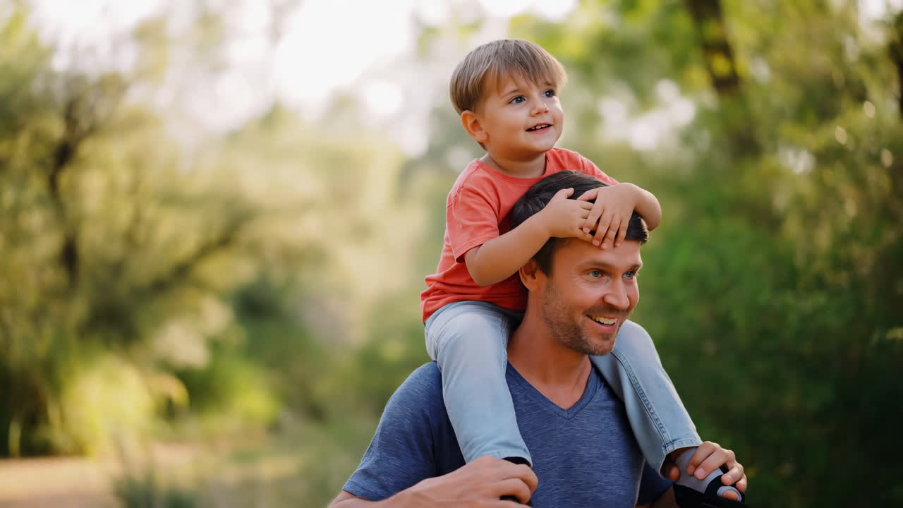 Happy Father Carrying Son on Shoulders in Park
