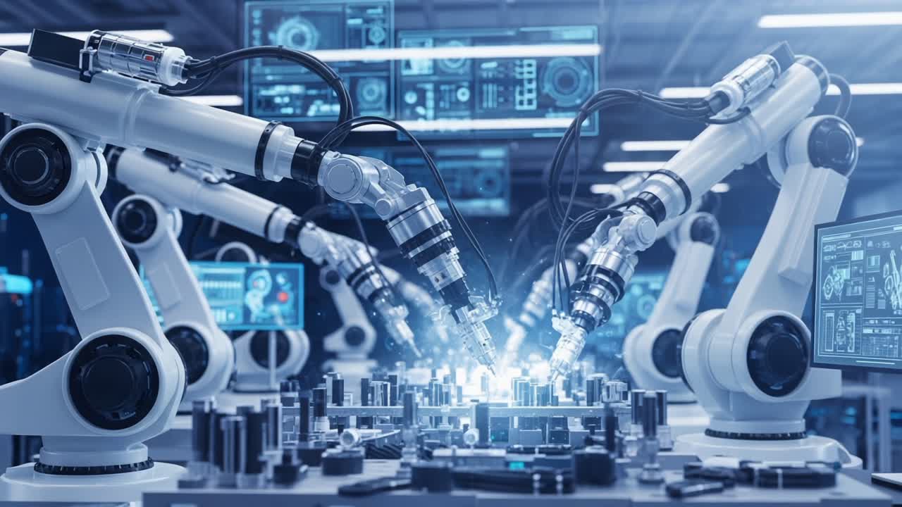 Advanced Robotics in Action: A Collaborative Setup of Robotic Arms Working Together on an Assembly Line to Enhance Production Efficiency and Innovation in Manufacturing Technology