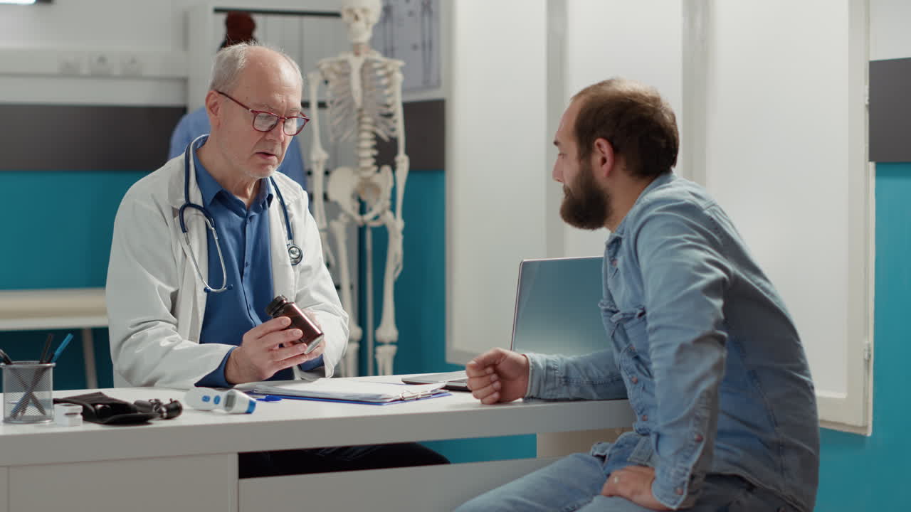 Senior specialist giving health care treatment in bottle
