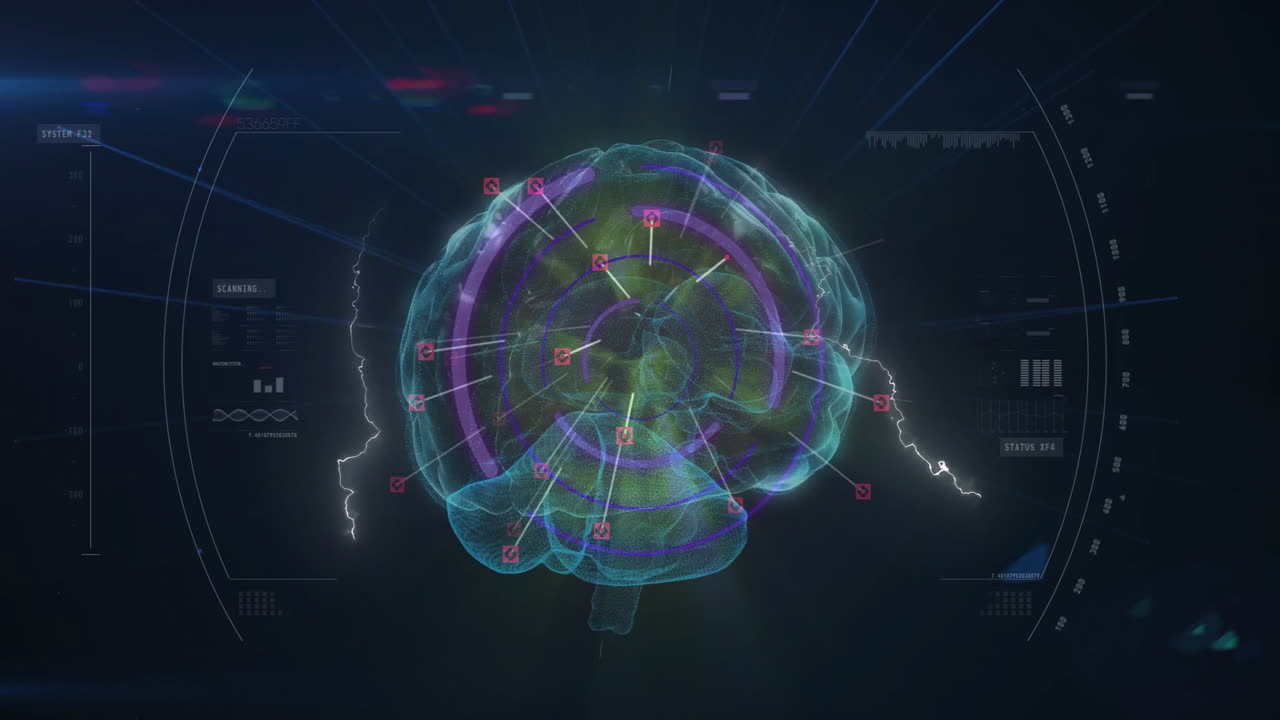Digital brain model with data processing and analysis animation over dark background