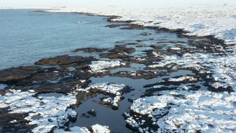 snow covered rocks at arctic coastal environment of iceland, aerial