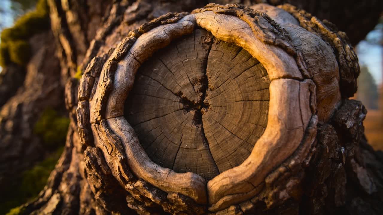 Cámara con zoom que revela un nudo circular en el tronco de un árbol en el suelo del bosque, resaltando sus anillos y el musgo.