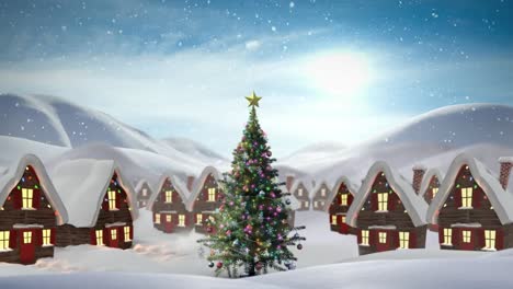 Snow-falling-over-winter-landscape-with-multiple-houses-and-christmas-tree