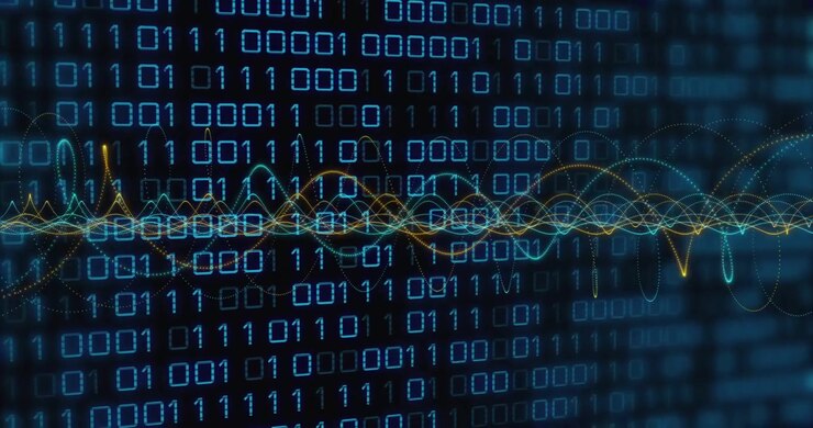 Digital Data Stream with Animated Waveforms and Binary Code