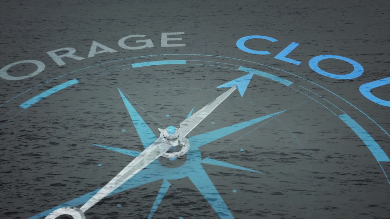 Animation of compass graphic with CLOUD STORAGE text over ocean background